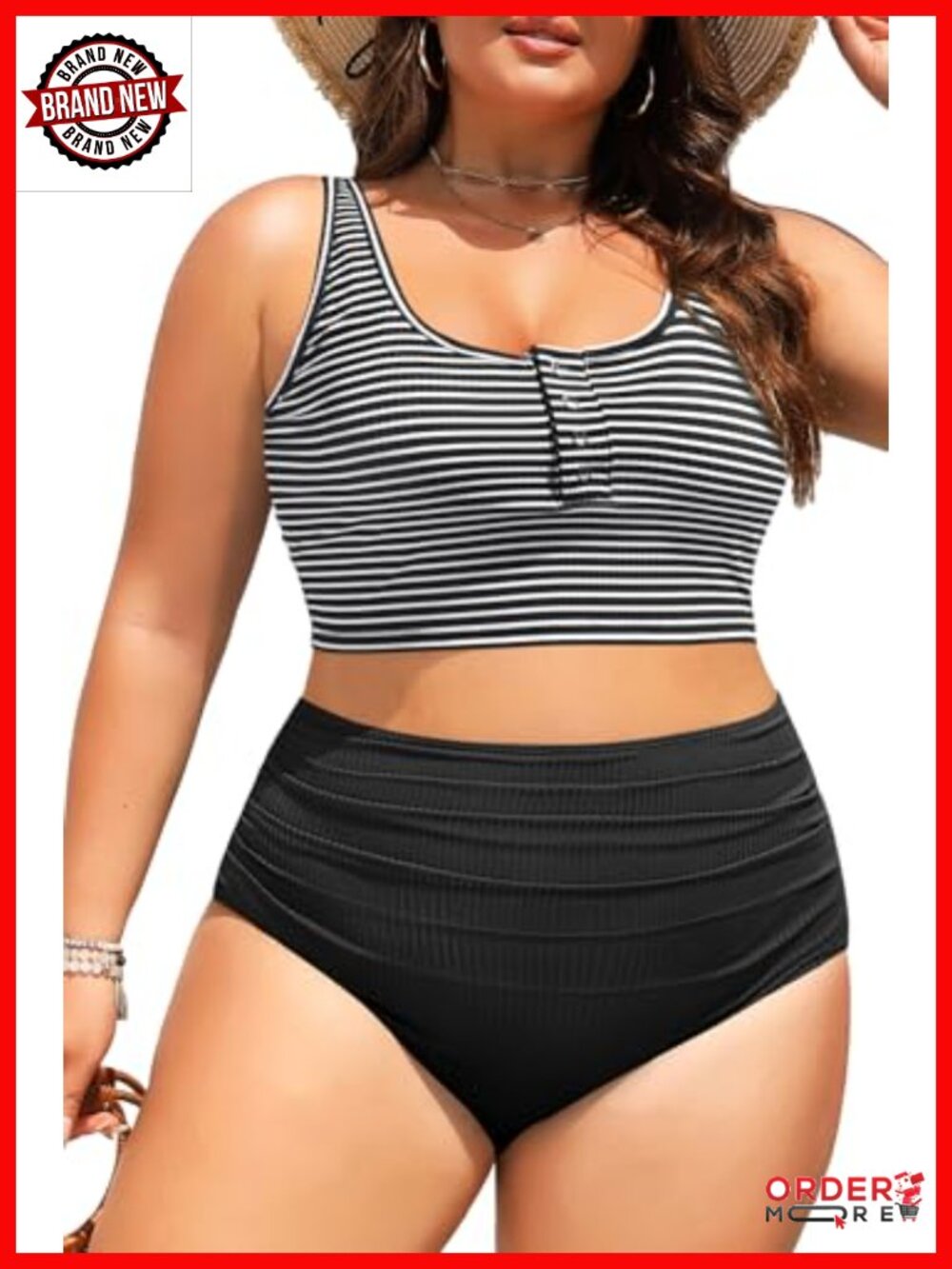 Plus Size 2 Piece Bikini Set with High Waist Tummy Control Ribbed Swimwear